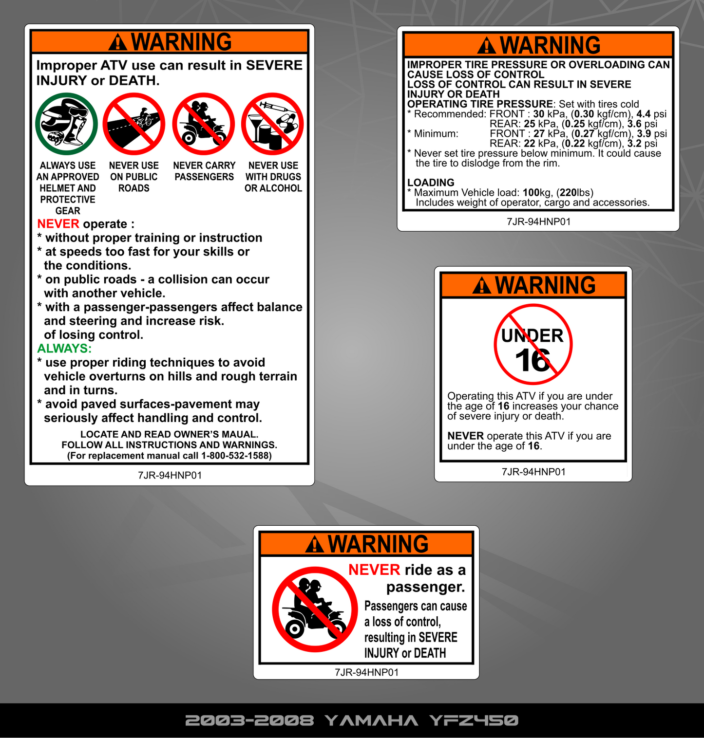Warning Stickers for Yamaha YFZ 450 (2003-2008)