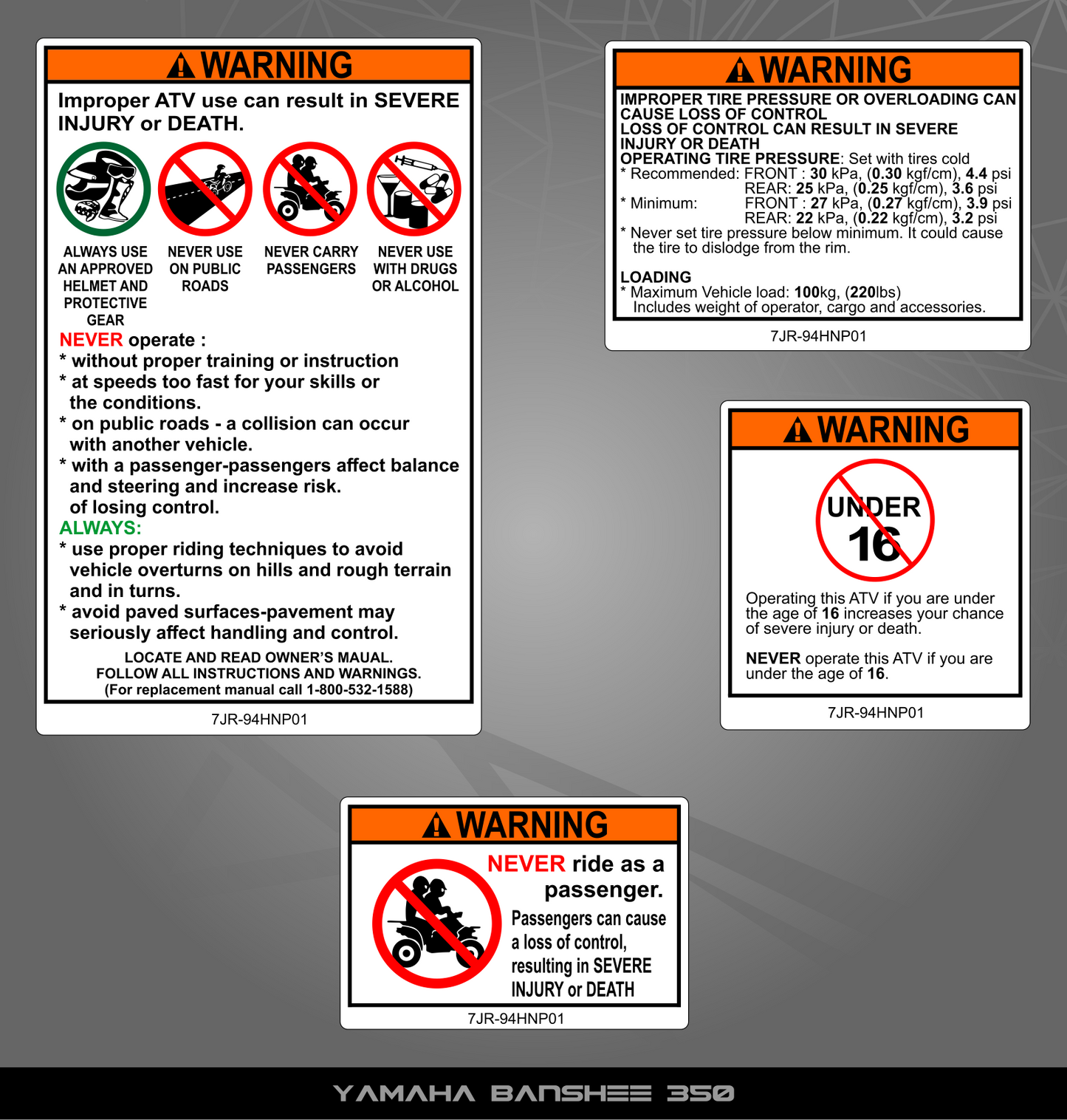 Warning Stickers for Yamaha Banshee 350