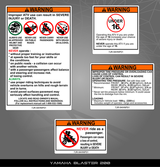 Warning Stickers for Yamaha Blaster 200